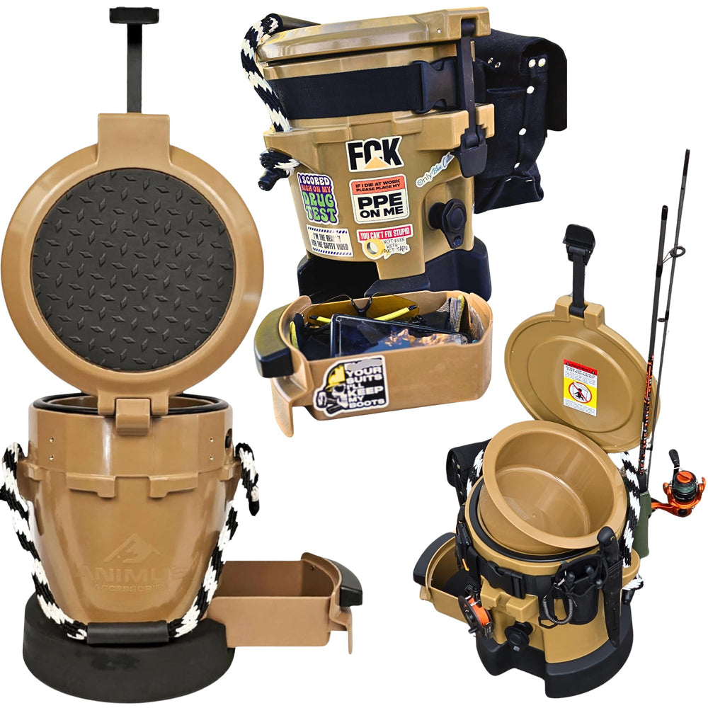 ANIMUS ACCESSORIES Animus Workstation Cooler built-in seat for on-site seating and stability.