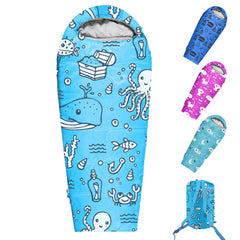 ANJ Outdoors KidzAdventure mummy-style sleeping bag with ocean world animals for cozy camping adventures
