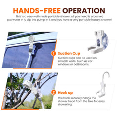 Ann Katy high-pressure spray gun attached to camping shower
