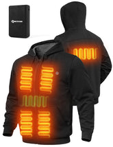 ANTARCTICA GEAR heated hoodie front view with five heating zones and adjustable heat levels.
