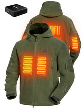 ANTARCTICA GEAR heated jacket front view shows six heating zones for instant warmth