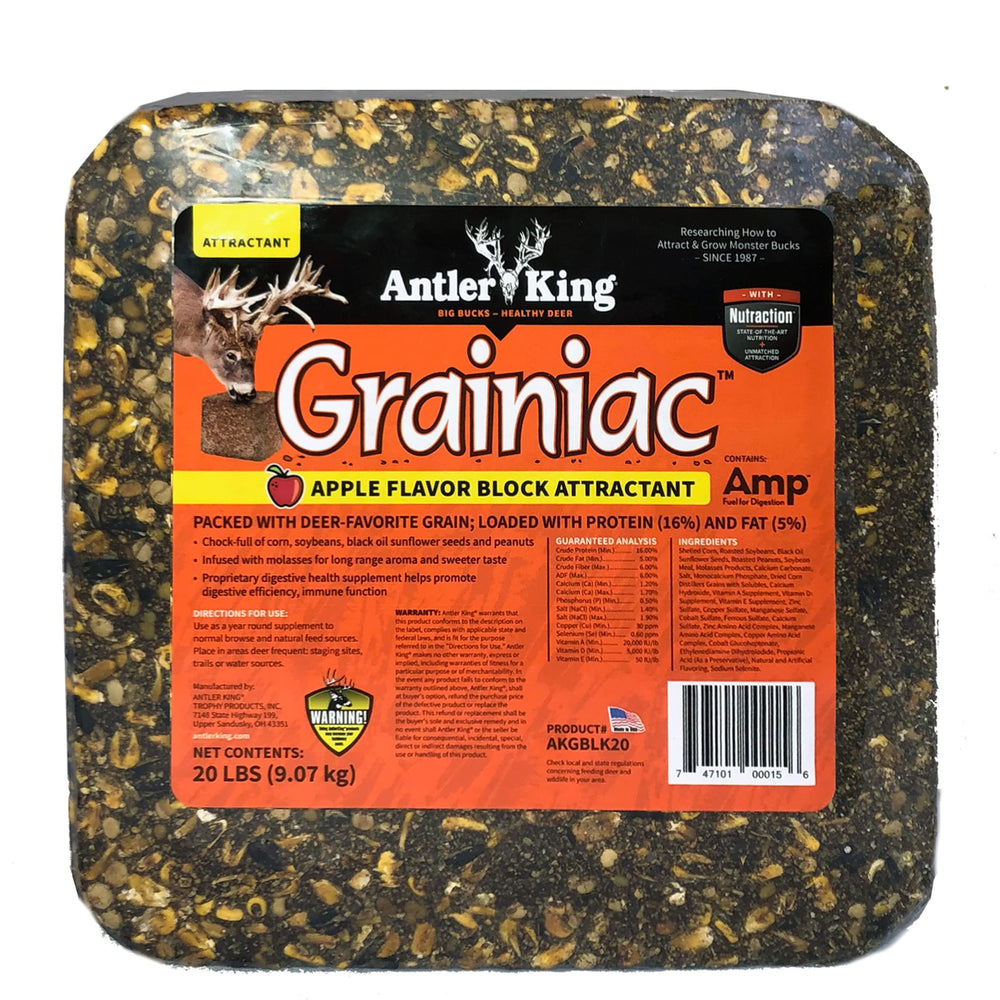 Antler King Grainiac block 20lb on ground as year-round attractant for deer.