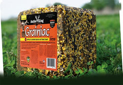 Antler King apple-grainiac block close-up shows grain mix for deer nourishment.