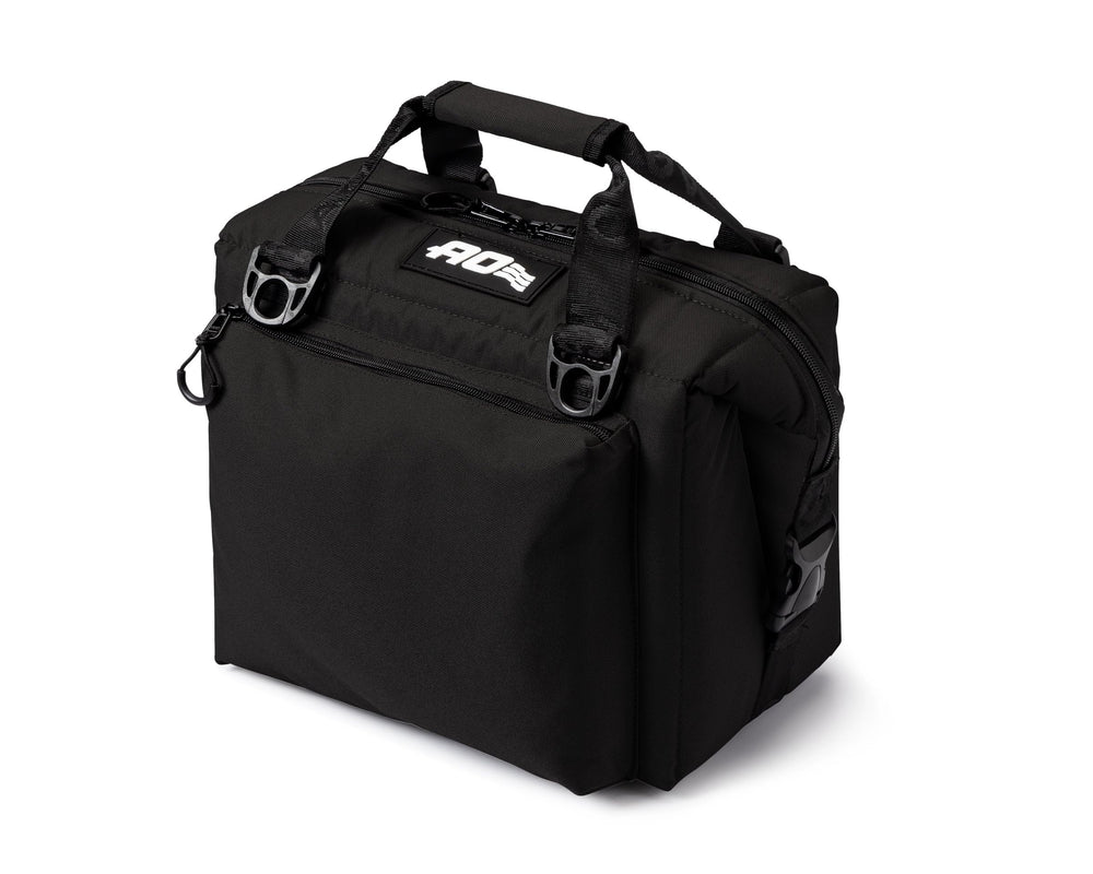 AO Coolers Caravan Canvas Soft Cooler front view shows rugged black design for boating and picnics.