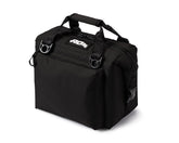 AO Coolers Caravan Canvas Soft Cooler front view shows rugged black design for boating and picnics.