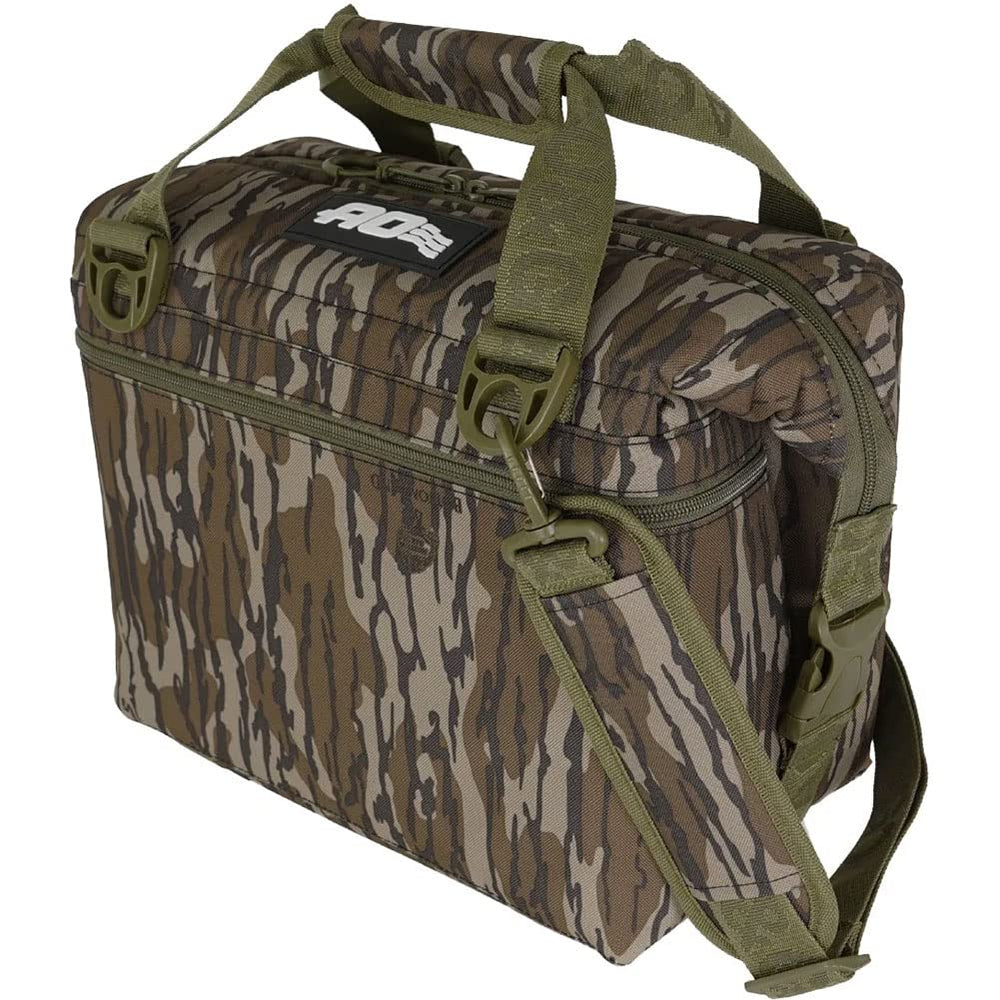AO Coolers Original soft cooler in Mossy Oak Bottomland, ideal for keeping drinks cold on boating trips.