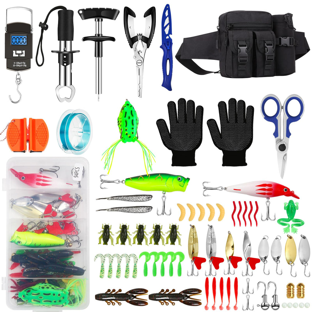 AOFUXTI 112-piece fishing tool kit laid out with tools and the black carry bag