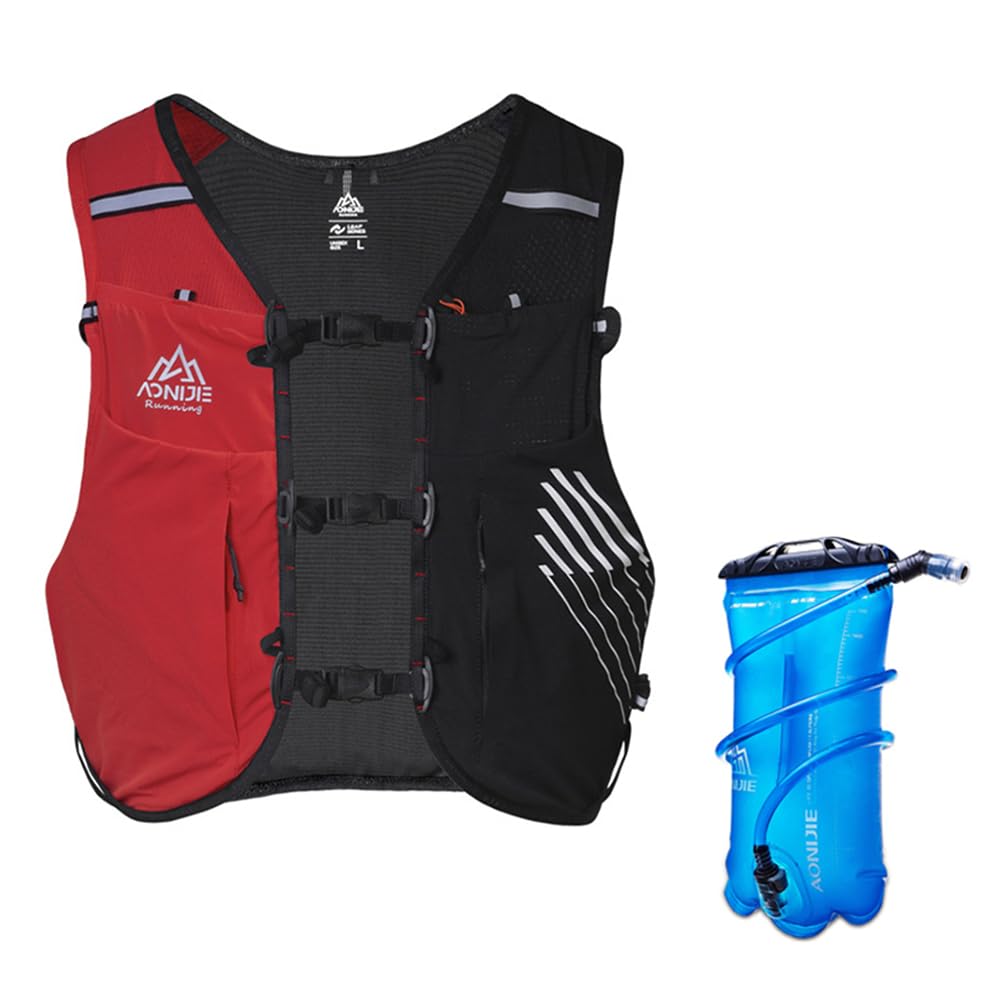 AONIJIE hydration vest front view with multiple pockets for quick-access items.