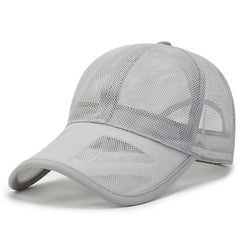 Close-up of breathable mesh and brim on gray cap
