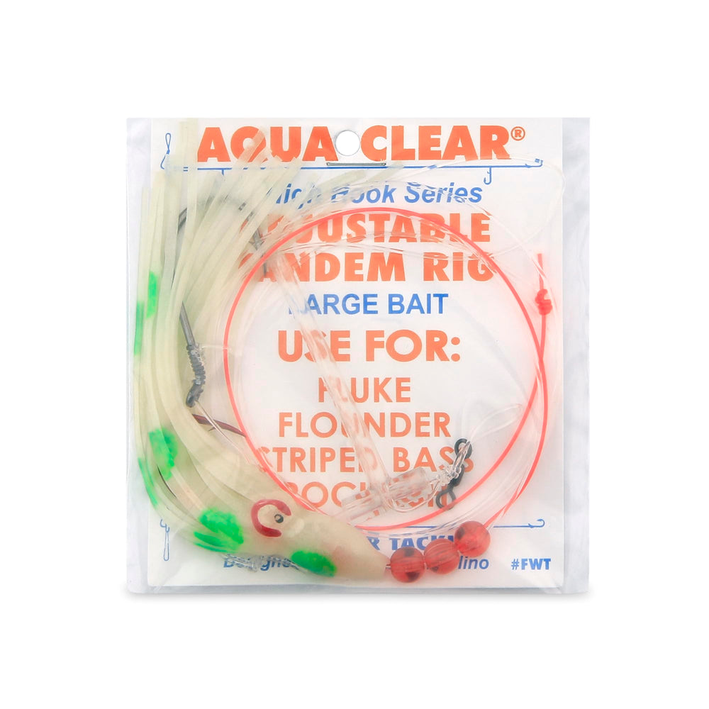 Aqua-Clear Adj Tandem Rig glow money green squid boosts visibility in dim water.