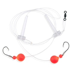 Rig components including AFW swivel, 25 lb Grand Slam Mono, T-Standoff, red beads and orange floats