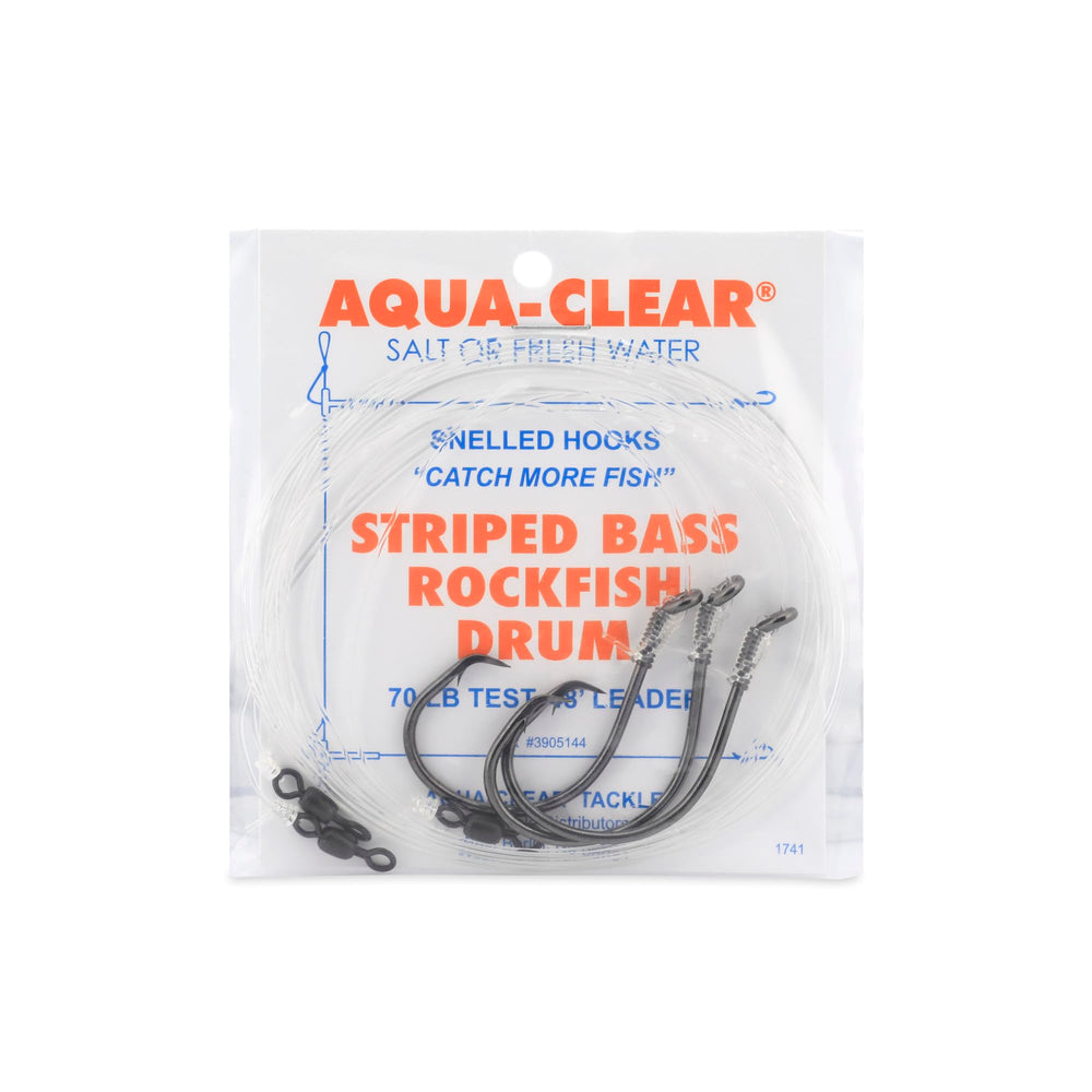 Aqua-Clear striped bass nhanh-fastened hooks rig with 8/0 Demon Circle hooks, AFW swivel, 60 lb mono, 48 inches, 3-piece set.