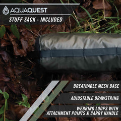 AquaQuest Defender Tarp braced corners enable stable pitch in wind.