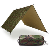 AquaQuest Defender Tarp woodland camo coverage shows broad shelter for rugged camping