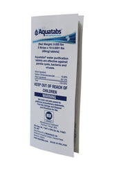 Aquatabs 49mg tablets pack front view for compact backpack kit and travel use