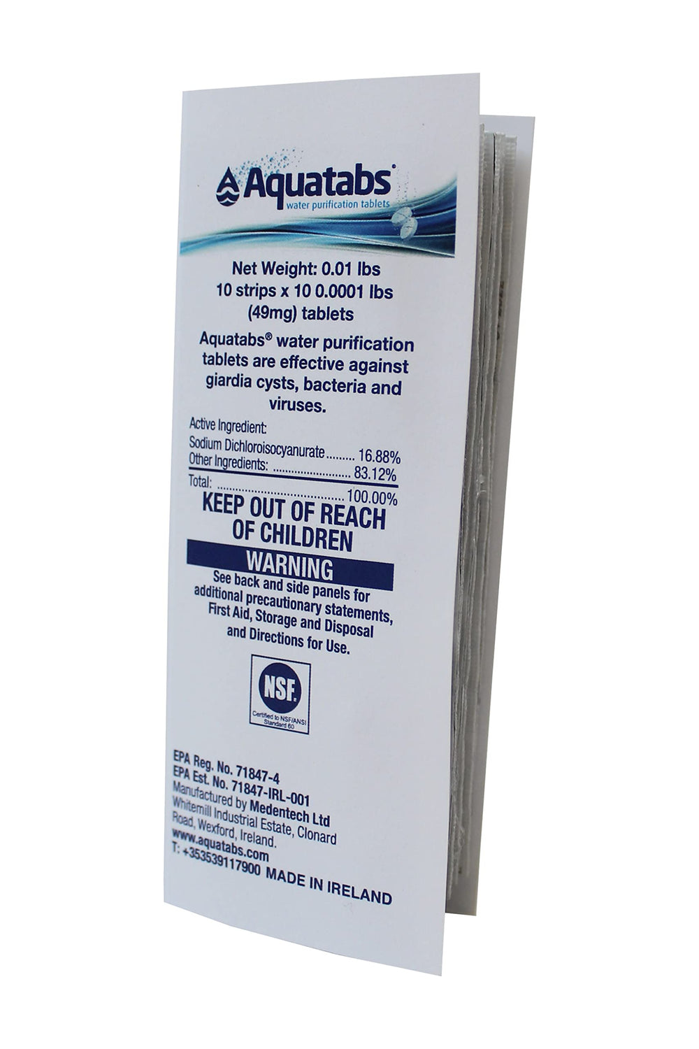 Aquatabs 49mg tablets in packaging, ideal for travel and storage.