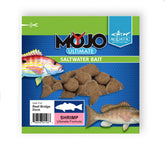 Aquatic Nutrition Mojo Ultimate Bait packaging shows shelf-stable shrimp formula for boat storage.