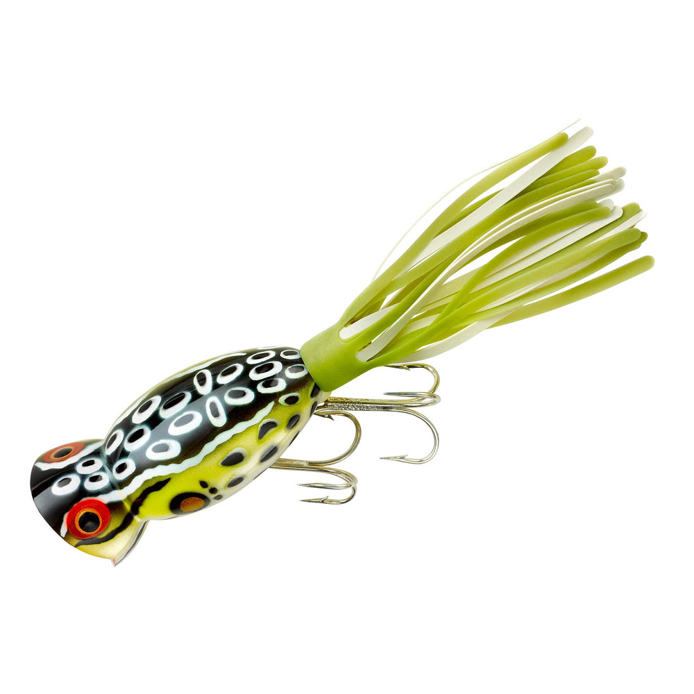 Arbogast Hula Popper Cricket Frog lure showing vivid topwater action for bass.
