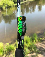 Arbogast Hula Popper cupped lip displaces water with each twitch.