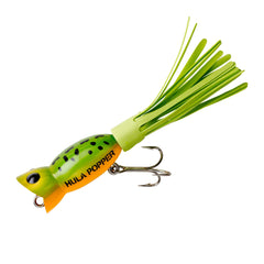 Arbogast Hula Popper Frog Yellow Belly front view with pulsating skirt for topwater action
