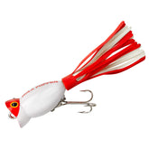 Arbogast Hula Popper lure with white body and red head, ready for topwater bass strikes.