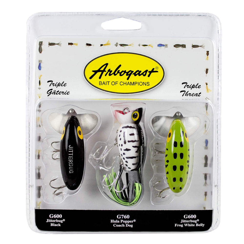 Arbogast triple threat pack showing three topwater lures for bass fishing