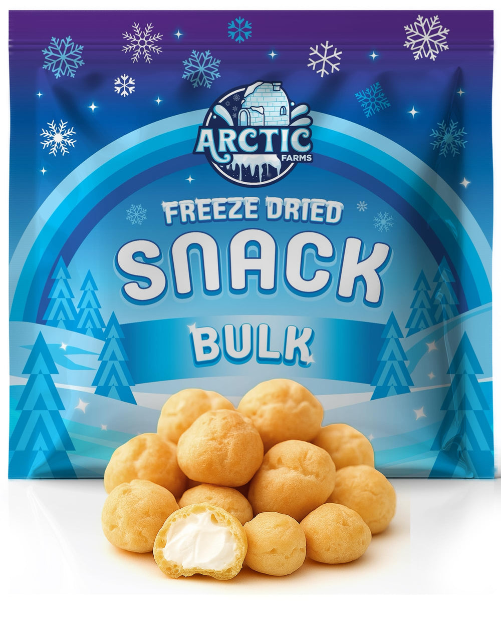 Arctic Farms Belgian Cream Puffs show a crisp shell with vanilla center, a snack-ready image.