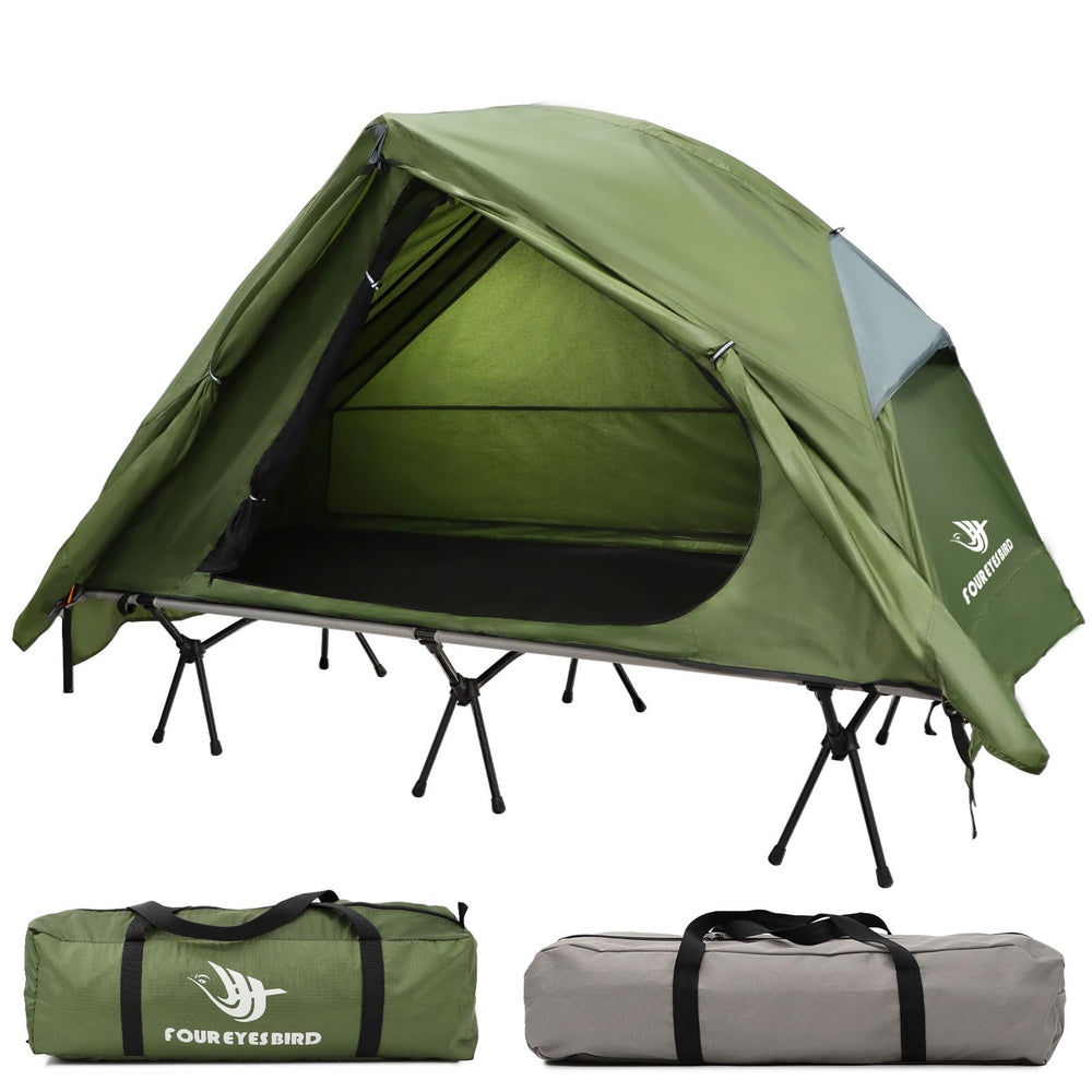 Arctic Lemmings camping cot tent assembled for solo camping, elevating sleep above the ground.
