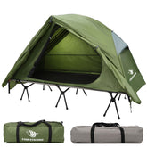 Arctic Lemmings camping cot tent assembled for solo camping, elevating sleep above the ground.