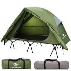 Arctic Lemmings camping cot tent assembled for solo camping, elevating sleep above the ground.