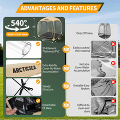 ARCTICSEA removable top beige shelter allows adaptable coverage during events.