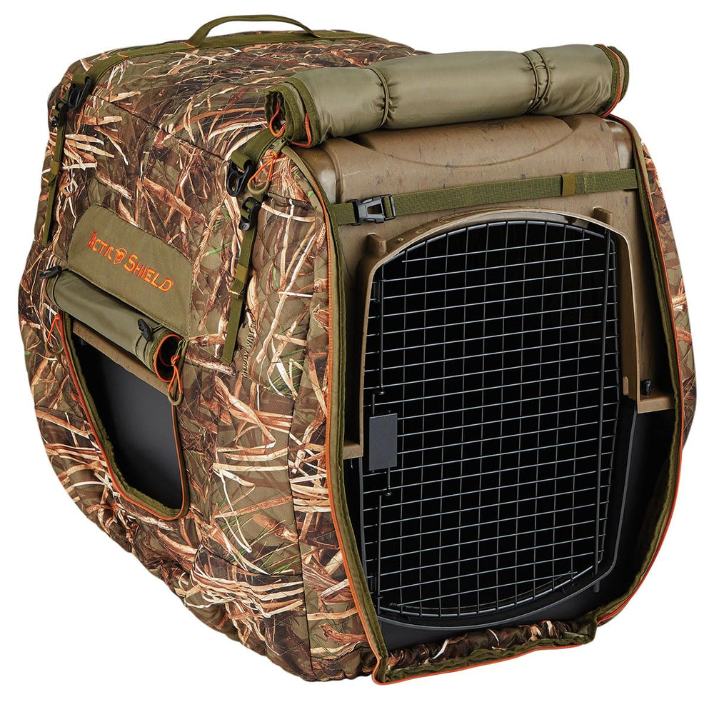 ArcticShield XL insulated kennel cover front view in Muddy Water provides warm shelter for dogs