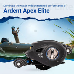 Ardent Apex Elite baitcasting reel angled spool view highlights smooth line flow for precision casting.