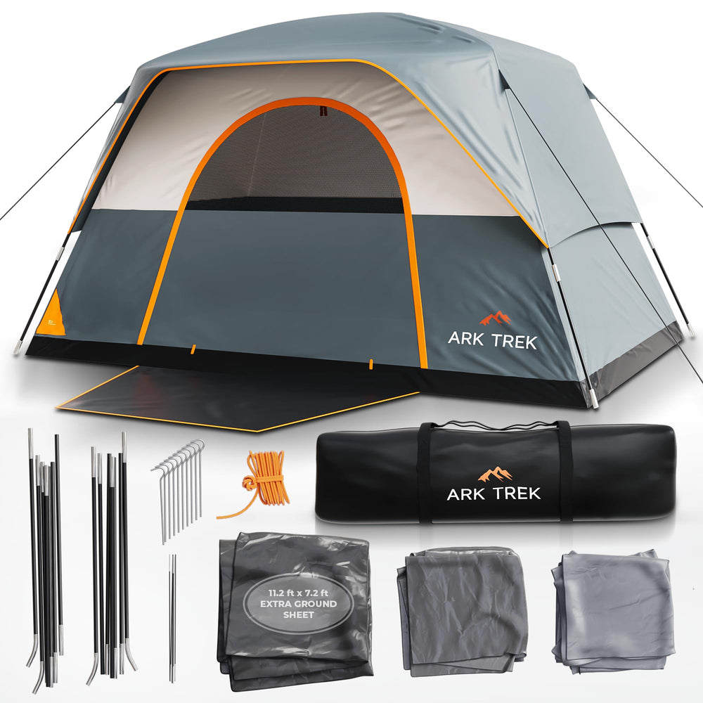 ArkTrek 6-person tent exterior shows sturdy 11mm poles for windy conditions.