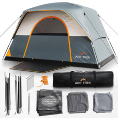 ArkTrek 6-person tent exterior shows sturdy 11mm poles for windy conditions.