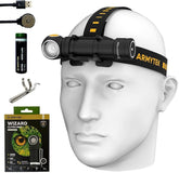 Armytek Wizard C2 Pro Max front view highlighting compact headlamp and bright beam for versatile night tasks.