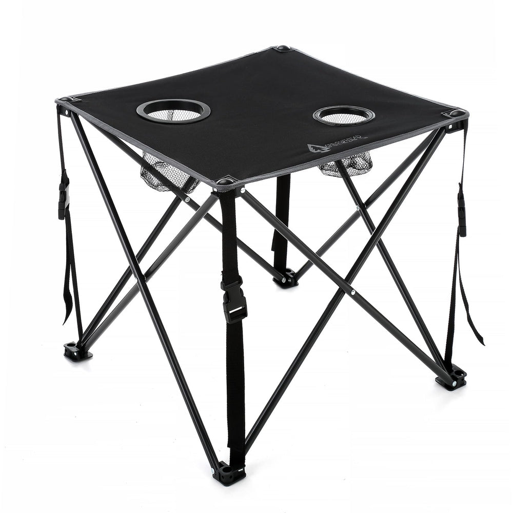 ARROWHEAD Outdoor 26in folding table folded for compact portability on camping trips.