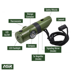 ASR Outdoor 7-in-1 survival kit close-up showing essential tools.