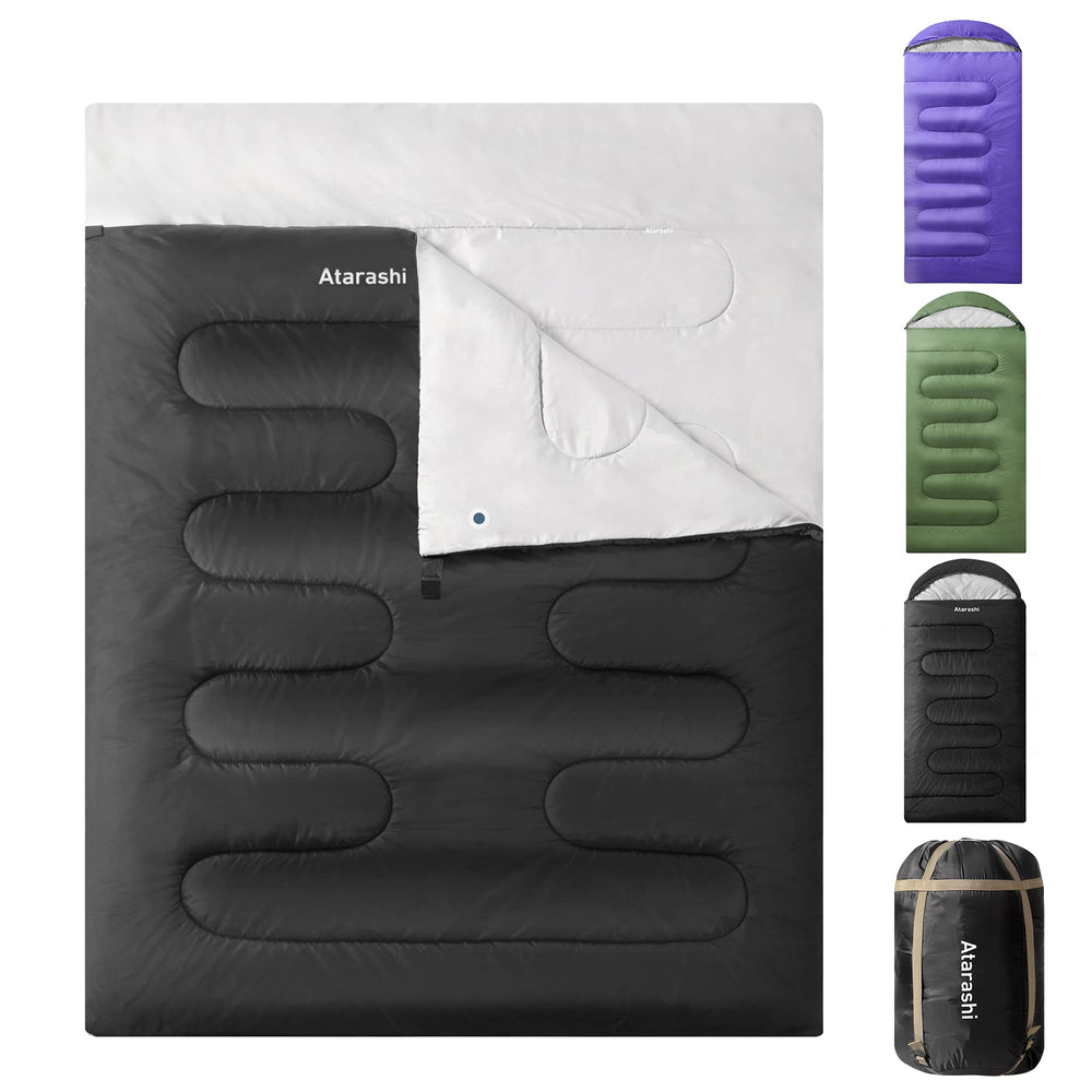 Atarashi double sleeping bag exterior showing waterproof shell for wet-weather camping