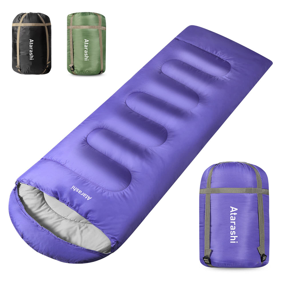Atarashi wide sleeping bag purple large image shows cozy warmth for 3-4 season camping