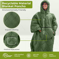 ATEPA poncho-style sleeping bag open for hands-free warmth during campouts.