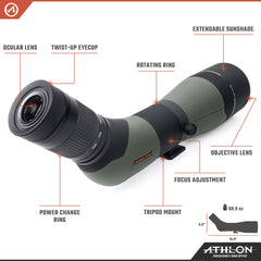Athlon Optics Argos HD 20-60x85 45-degree angle eyepiece enables easy long-range observing.