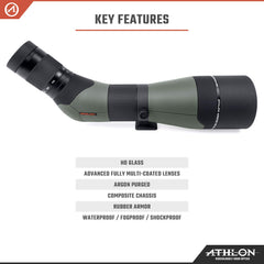 Athlon Optics Argos HD 20-60x85 weatherproof design withstands rain and cold conditions.