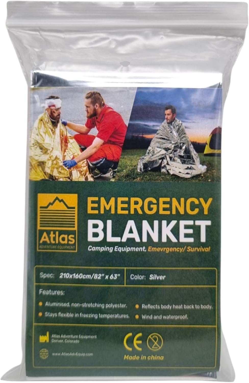 Atlas Adventure Equipment emergency blanket demonstrates heat retention in cold outdoor conditions.