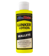 Atlas Mike's 6525 Lunker Lotion bottle close-up shows strong walleye attractant scent.