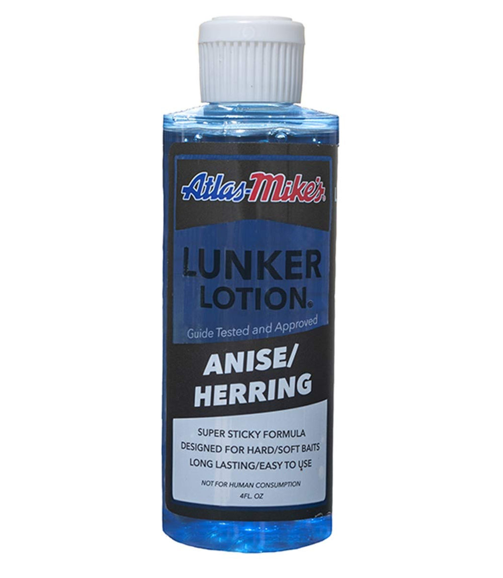 Atlas Mike's Anise Herring Lunker Lotion bottle ready for quick lure coating and scent boost.