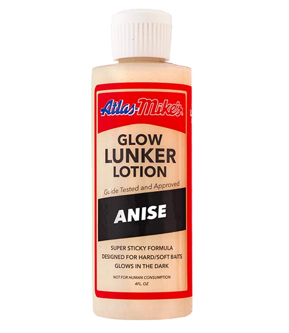 Atlas Mike's Lunker Lotion Anise Glow bottle glows lure visibility in low light.