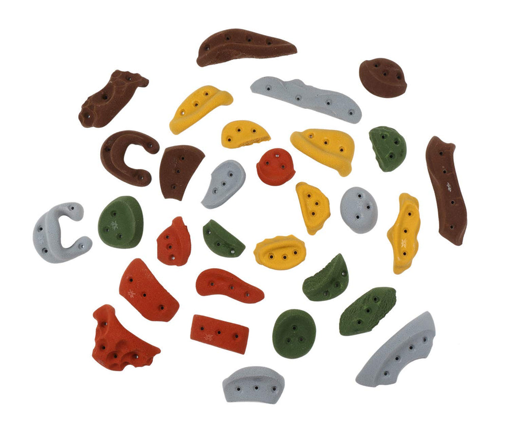 Atomik Rock Climbing Holds in assorted earth tones provide versatile routes.