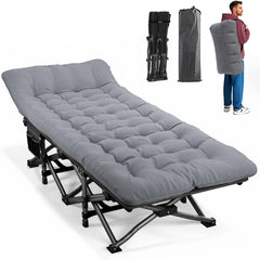 ATORPOK camping cot gray setup demonstrates quick, tool-free portability.