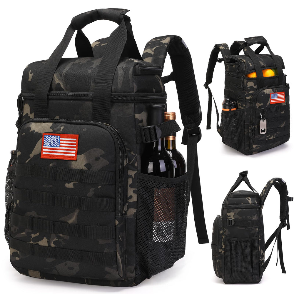 ATRIPACK tactical cooler backpack in black camo with expandable top compartment for organized meals